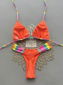 Conjunto de bikini casual de mujer con tirantes de espagueti, fruncido y a rayas, de tela con estiramiento medio, traje de baño colorido y vibrante para vacaciones - Naranja - Ver 2