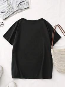 A Cute And Super Cool 1976 Graphic Print Crew Neck T-Shirt, Perfect For Women's Spring And Summer Casual Activewear. Adorable Animal Print, Fun Letter Print, Versatile Streetwear, Summer Outdoor Wear Or Everyday Wear, Daily Wear For Sweet Girls Or Students, Cool And Sweat-Free Summer Clothing - 黑色 - 查看 4