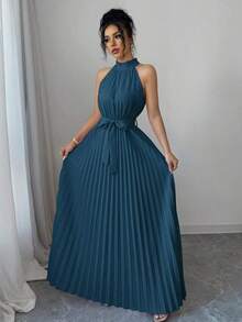 Vestido elegante de corte evasé para mujeres con cuello de volantes y cintura ceñida para el Día de San Valentín, romántico - Agua verde azul - Ver 5