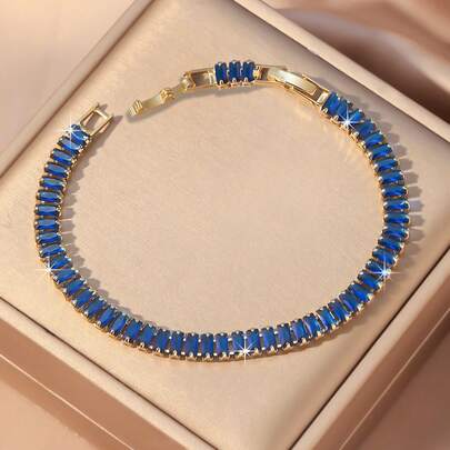 Hihho 1pc Elegant Minimalist Sparkling Sapphire Blue Square Zirconia Inlaid Women's Bracelet, Sophisticated Design Suitable As Gift For Friends