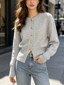 Áo cardigan dệt kim 1 chiếc, màu trơn, kiểu dáng tối giản, cài một hàng cúc, dành cho nữ, dáng ngắn, xẻ tà phía trước, thắt eo, cài cúc kim loại độc đáo, tay dài. - Màu Xám nhạt - Xem 2