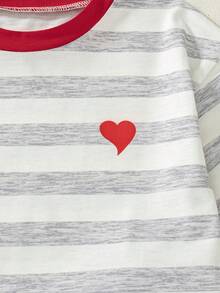 Set de 2 piezas de top de manga raglán con estampado de rayas y pantalones cortos de unicolor, estilo casual para niñas, primavera/verano - Gris Claro - Ver 5