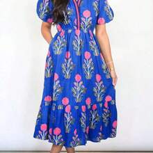 Acelitt Sky Blue Ditsy Floral Petal Sleeve V-Neck High Waist Maxi Dress Elegant Summer - Multicolor - Ver 2