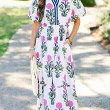 Acelitt Sky Blue Ditsy Floral Petal Sleeve V-Neck High Waist Maxi Dress Elegant Summer - Multicolor - Ver 11