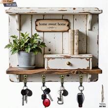 1pc 2D Retro Vintage Wooden Key Holder Hook, Multifunctional Home Decor Key Rack With 4 Metal Hooks, Wall, Porch, Room, Villa, All Season Home Decoration - Multicolor - View 4