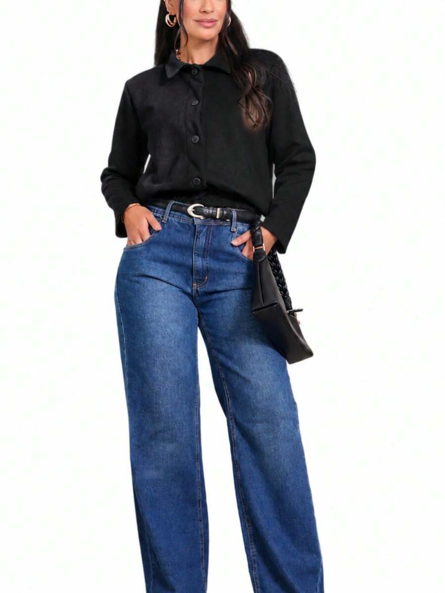 Women's Bomber Jacket, Long Sleeves, Suede, Pockets, Fashion. - màu đen - Xem 1