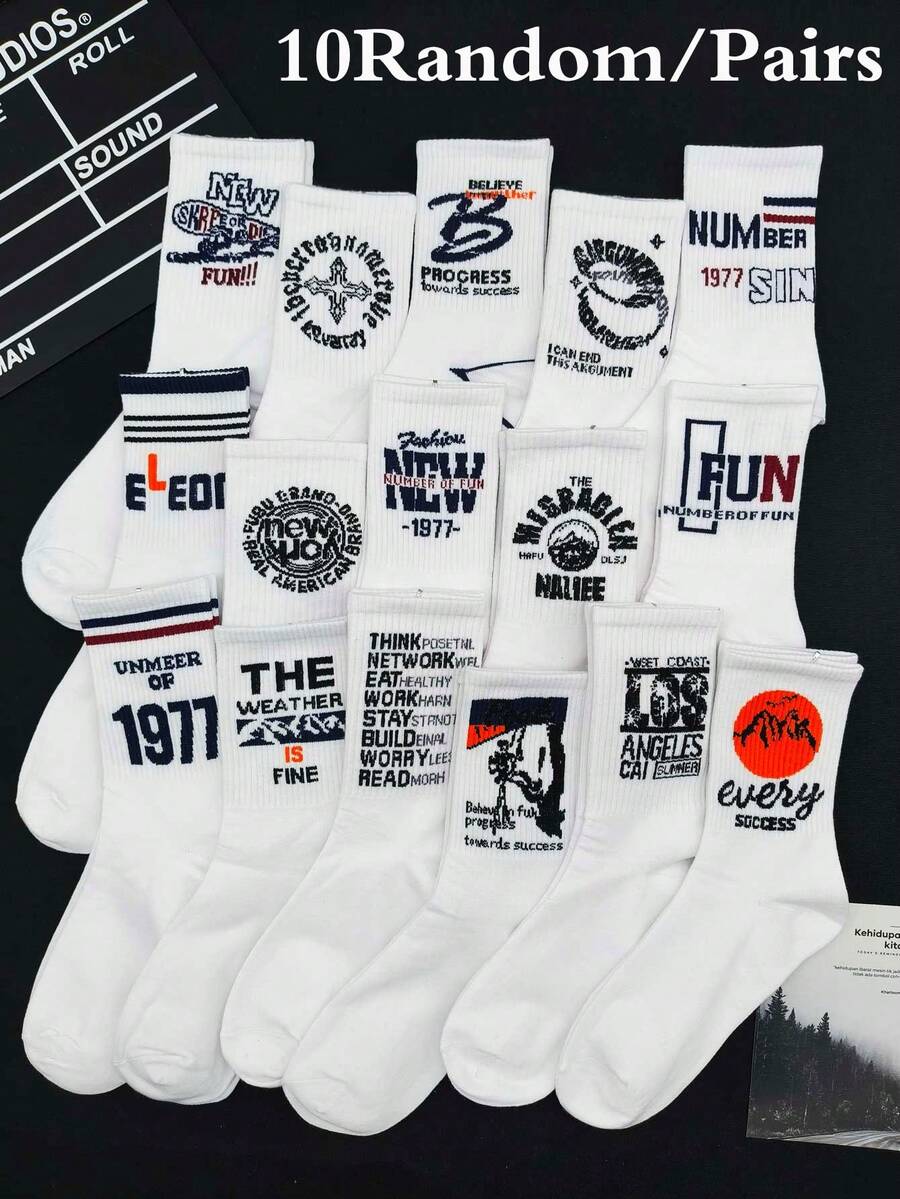 10 Pairs Random Letter Pattern Crew Socks, Mid-Calf Athletic Socks For Men, Street, Basketball, Warm, All Season - White - View 1