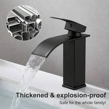 Waterfall Basin Faucet, 2-Handle Bathroom Sink Faucet With Pop-Up Drain & Deck Plate, Anti-Splash Hot Cold Mixer Tap, Lead-Free Stainless Steel Ceramic Valve Core, Modern Matte Black - Short - View 4