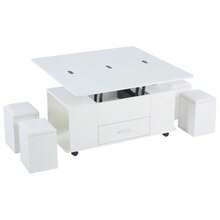 Height Adjustable Coffee Table, Sofa Side Table, 4-In-1 Multifunctional Coffee Table Convertible Into A Living/Dining Room Table, Coffee Table With Drawers, With 4 Stools, White. - White - View 10