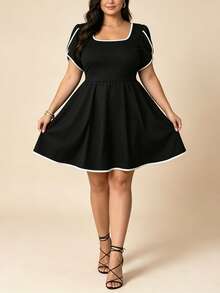 Womens Fit and Flare Dress Plus Size White Trim Short Sleeve Square Neck Mini A Line Dress for Party - Negro - Ver 2