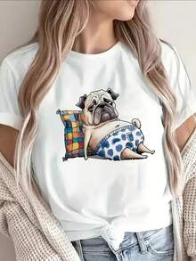 Camiseta de manga corta ligera y duradera con un divertido estampado de perro bulldog, perfectara salidas informales en casa o en restaurantes, diseñ para la comodidad diaria con un divertido motivo de animales en material suave - Blanco - Ver 2