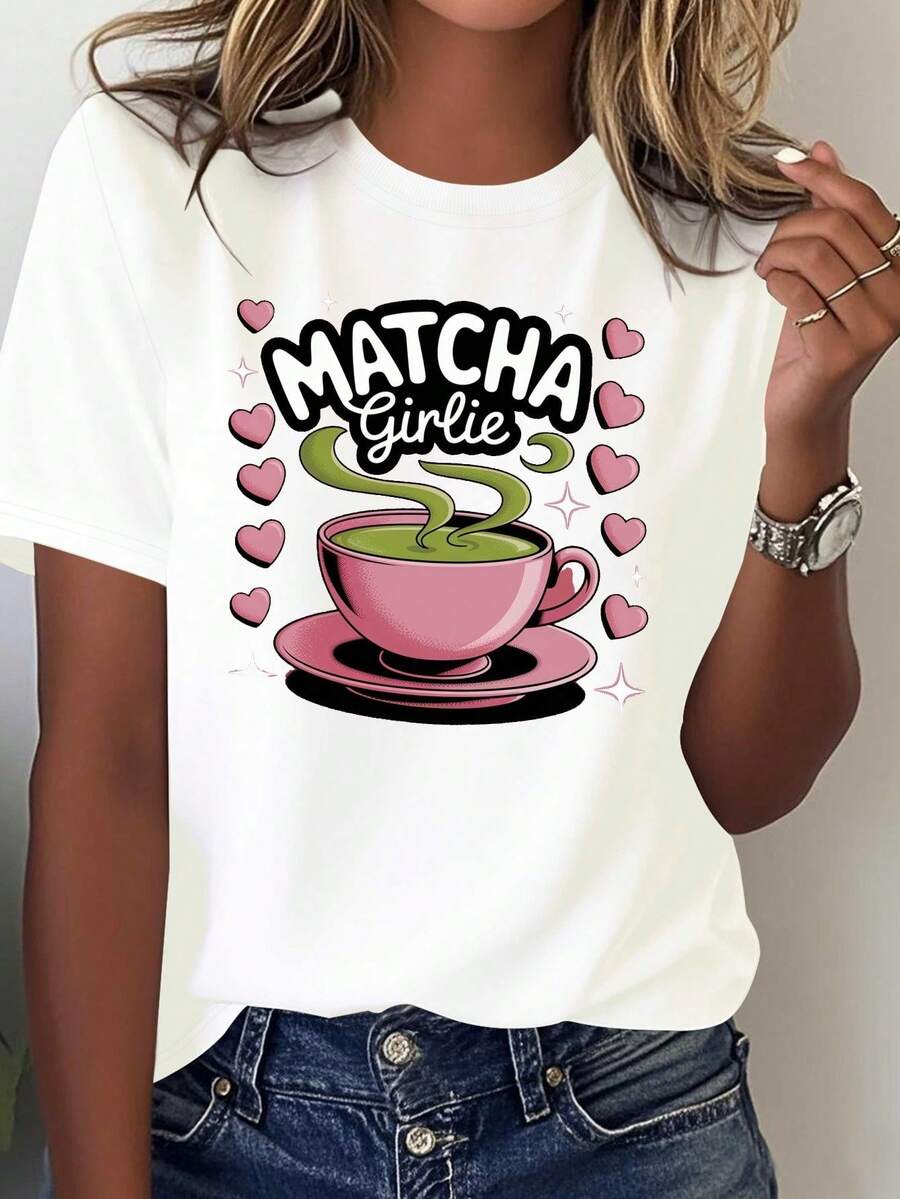 Women's Japanese Matcha Green Tea Graphic T-Shirt - 100% Comfortable, Casual Clothing With Japanese-Style Matcha And Latte Girl Print, Japanese Letter Design For Anime Conventions And Fans Of Japanese Culture, All-Season Geometric Pattern, Machine Washable, Soft Breathable Fabric For Tea Lovers, Fun Cup And Leaf Designs, Vibrant Blue Color, Playful & Stylish - 白色 - 查看 1
