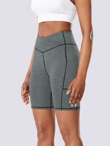 Side Pocket Solid Color Criss-Cross Waist Women Sports Shorts, High Waist Lifting Yoga Shorts For Fitness, Pilates, Outdoor Running, Cycling, Home Leisure - Silver - View 6