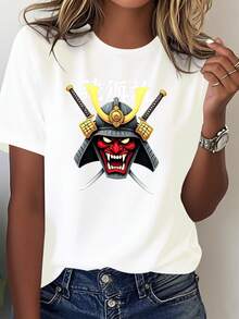 Camiseta de Mujer Cómoda y Pura con Máscara de Samurái Feroz y Kanji Japonés - Blanco - Ver 2