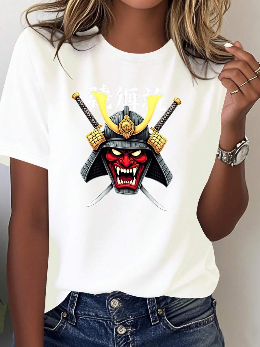 Camiseta de Mujer Cómoda y Pura con Máscara de Samurái Feroz y Kanji Japonés