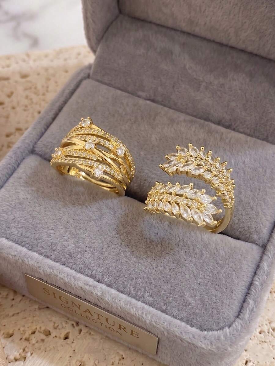 18K Gold Plated Multi-Layer Leaf Zirconia Stackable Ring Set, Fade-Resistant Adjustable Wide Open Ring, Elegant Women's Jewelry, Suitable For Daily Wear And Wedding - Multicolor - View 1