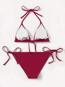 Women's Simple Solid Color Swim Bikini With A Halter Neck And Cutout, Suitable For Beach Vacations And Summer. - Bordeaux 2 - View 2