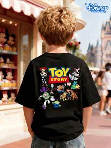 Disney Toy Story Family Double-Sided Print Kids T-Shirt, White Loose Crew Neck Top, Small Front LOGO + Woody, Buzz Lightyear & Friends Back, Full Of Playful Vibe, Breathable Skin-Friendly, All-Match For Summer Park & Street, Unisex - 黑色 - 查看 2
