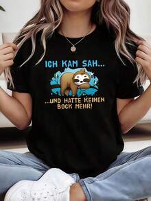 Camiseta vintage de talla grande para mujer con estampado de la frase "ICH KAM SAH... HATTE KEINEN BO MEHR", de manga corta y cuello redondo, estilo casual, adecuada para uso diario en primavera y verano y para conjuntos temáticos.ropa de calor mujer - Negro - Ver 1