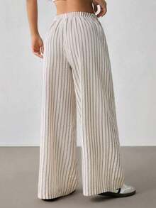 Pantalones casuales anchos de pierna ancha con rayas para mujer - Beis - Ver 2