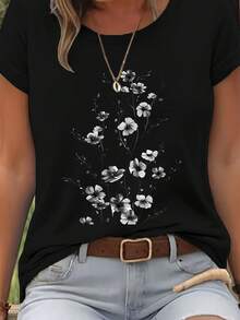 Camiseta suave 100% algodón para mujer, blusa de manga corta con estampado floral en acuarela - Camiseta de cuello redondo para primavera y verano, top casual transpirable con estampado de flores, adecuada para regalos de cumpleaños, Día de la Madre, regalos para hermanas y amigas. Camiseta de algodón transpirable, combina con todo. - Negro - Ver 6