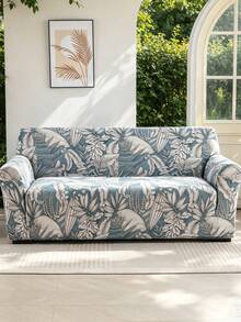 1pc Printed Full Coverage Sofa Slipcover, Botanical Pattern Print, Modern Style Sofa Protector Cover, Suitable For Living Room & Office Sofa Decor, Pillow Cover Not Included - Baby Blue - View 2