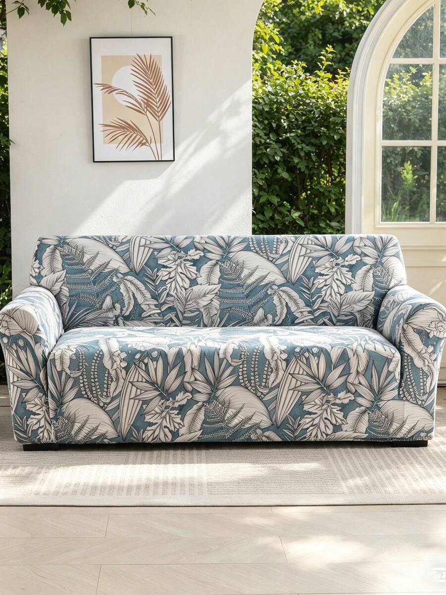 1pc Printed Full Coverage Sofa Slipcover, Botanical Pattern Print, Modern Style Sofa Protector Cover, Suitable For Living Room & Office Sofa Decor, Pillow Cover Not Included - Baby Blue - View 1