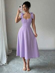 elegante y romántico para mujer con lazo decorativo en la cintura y corte evasé sin mangas - Púrpura malva - Ver 6