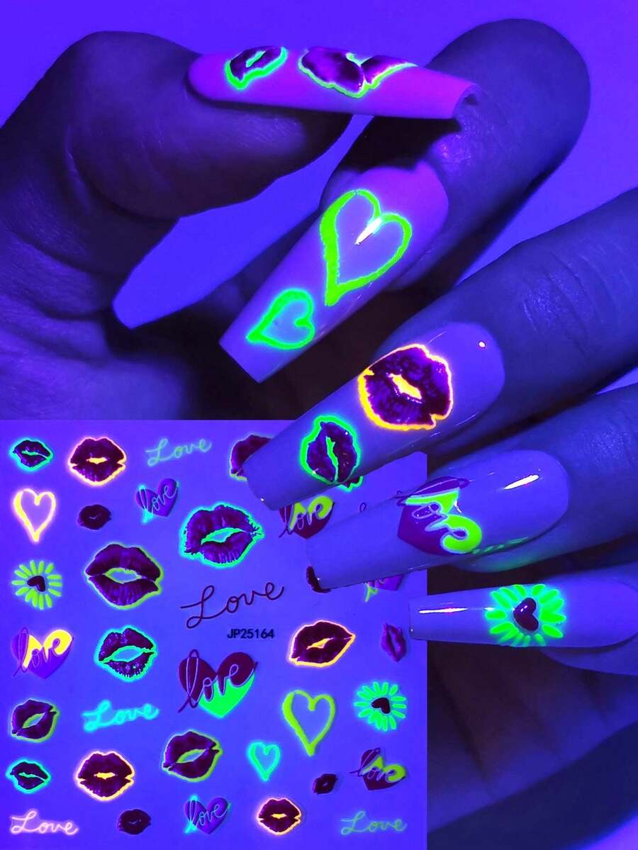 1 Sheet Red Lip & Heart Nail Art Stickers, Minimalist Text, Sexy Red Lips, Baddie Design, Self-Adhesive, DIY Nail Decor, Suitable For Spring/Summer Party Nail Decoration