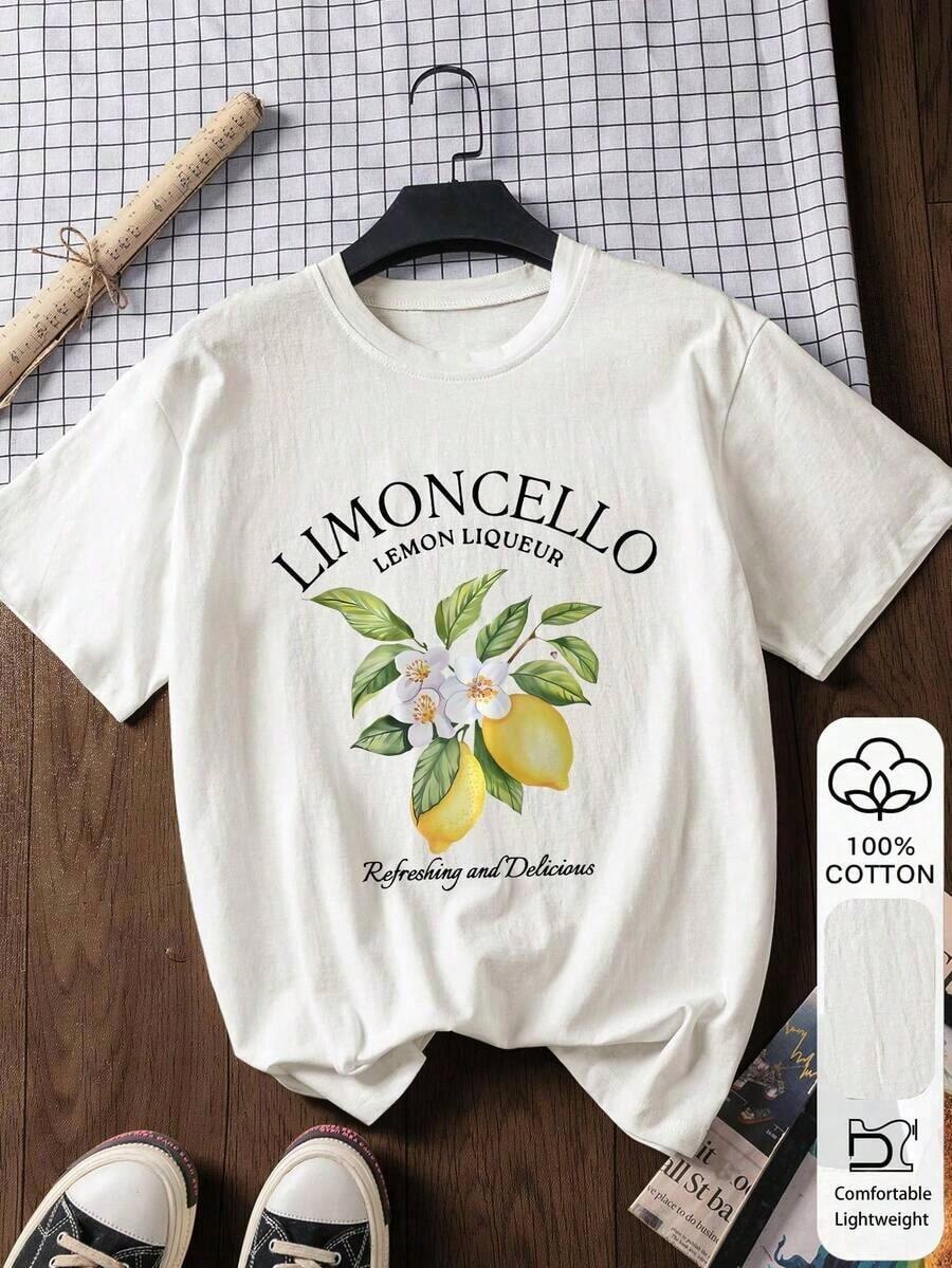 Blusa de algodón 100% con estampado de limón de manga corta informal para mujer, camiseta gráfica, ropa de algodón, ropa para exteriores, estampado impreso, camiseta de verano, blusa de verano, atuendo de vacaciones, estilo de playa, vestimenta minimalista de vacaciones - Multicolor - Ver 1