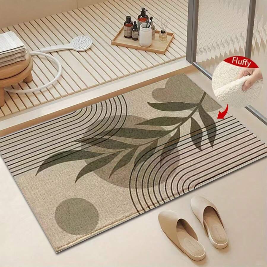 1 pieza Alfombra de baño rectangular de microfibra con diseño de hojas a rayas, estilo creativo y fácil, antideslizante y súper suave, para baño, absorción de agua, lavable a máquina, de bajo espesor, con respaldo de TPR, tejido de punto, para baño, dormitorio, cocina, entrada, uso interior y exterior, accesorios y decoración de baño, regalo perfecto para un nuevo hogar. - A - Ver 1