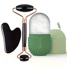 Bộ lăn đá lạnh chăm sóc da mặt (1/2/3 món), dụng cụ massage mặt Gua Sha, màu be nhạt, dụng cụ làm đẹp, con lăn massage nâng cơ mặt, khay đá viên tái sử dụng. - màu đen - Xem 10