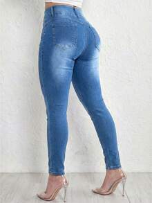Celana Jeans Skinny Biru Muda Berpinggang Tinggi, Model Celana Pensil yang Melangsingkan, Kasual untuk Liburan - Navy Blue - View 2