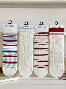 4 Pairs Retro Blue & Red Striped Korean Style Sweet Heart Lace Trim Mid-Calf Socks - Multicolor - View 2