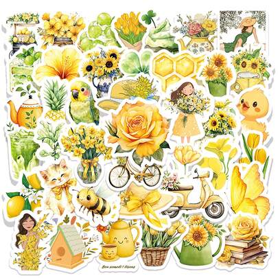 50/100pcs Yellow Forest Series Honey Flower Theme Stickers For Girls - Item Decoration Stickers, Phone Stickers Mobile Phone Stickers, Item Decoration Stickers, Notebook Material Stickers Aesthetic Stickers For Scrapbook Journaling Water Bottles Laptop, Scrapbooking Supplies