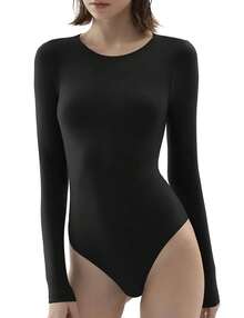ZZL Body Manga Larga Cuello Redondo| Efecto Ajustado y Tela Suave como Mantequilla| Top Básico Esencial para Uso Diario - Salpicado de blanco - Ver 3