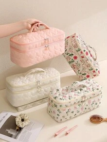 1pc Floral Double Layer Hair Tool Storage Bag, Cute Large Capacity Makeup Organizer Bag, Can Store Hair Dryer, Styling Tools, Travel Hair Tools, Curling Iron, Hair Dryer, Hair Clips, Straightener, Perfect For Travel, Valentine's Day, Christmas, Mother's Day Gift, Home And Travel Essential - Multicolor - View 12