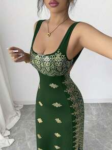 YHHSHEIN Raffinéa Vestido de verano nuevo para mujer, dorado brillante y negro, con cuello cuadrado, tirantes de espagueti, espalda descubierta, bajo con abertura, ajustado de cintura alta, adecuado para fiestas, bodas, banquetes de negocios, ocasiones diarias, galas, fiestas de boda y atuendos festivos. YHH - Verde Oscuro - Ver 3