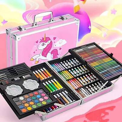 145 pièces Fournitures de peinture d'art dans un étui en aluminium portable avec marqueurs, crayons, crayons de couleur et peinture. Fournitures scolaires et cadeau d'anniversaire (le motif de l'emballage et les couleurs des composants internes sont aléatoires)