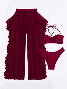 Swim Conjunto de bikini separado de 3 piezas, inalámbrico, para verano 2025 - Rojo violeta - Ver 3