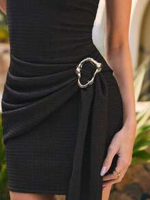 Nuevo vestido elegante y sexy de primavera/verano para citas, de cuello alto, con hebilla metálica, fruncido y sin mangas, de silueta ajustada para mujer - Marrón 2 - Ver 2