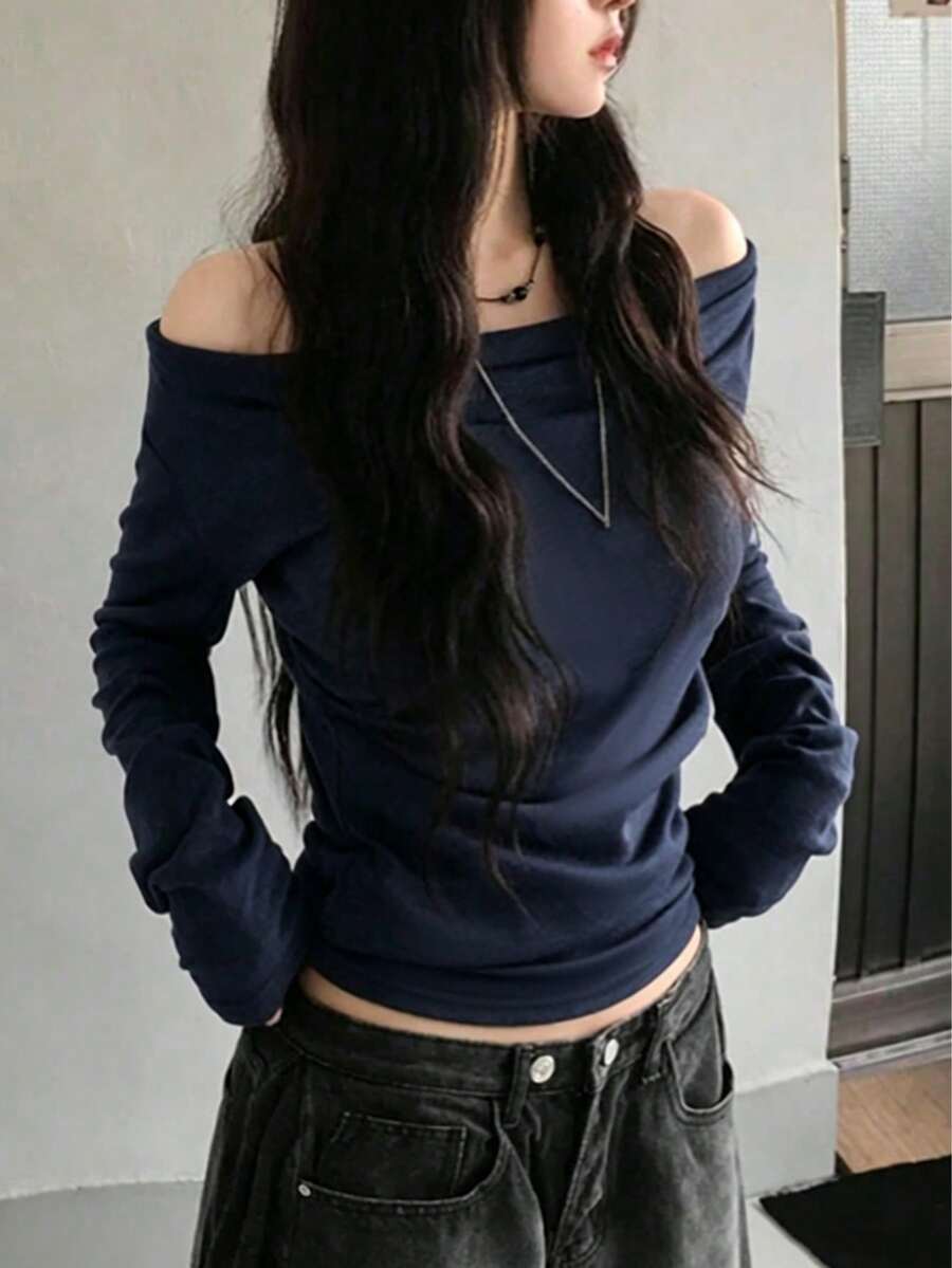 性感貼身露肩長袖上衣 女款,秋冬休閒,美學風格 - 藏蓝色 - 查看 1