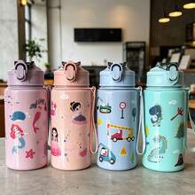 1 Stück 500ml (17oz) Kinder Cartoon Muster süße Strohhalm Tasse, bestes Geschenk für Mädchen und Jungen für Schulanfang oder Abschluss, Outdoor Sport Wasserflasche, Campus Studenten Cartoon Tasse - Transparent - Übersicht 3