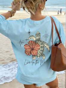 Women's Summer Turtle, Flower, And Letter Print T-Shirt, Casual Loose Round Neck, For Beach Vacation - Green - View 10