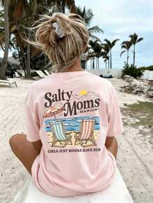 Camiseta de manga corta con cuello redondo, estampado, de estilo minimalista y versátil para vacaciones y playa, para mujer - Rosa - Ver 3