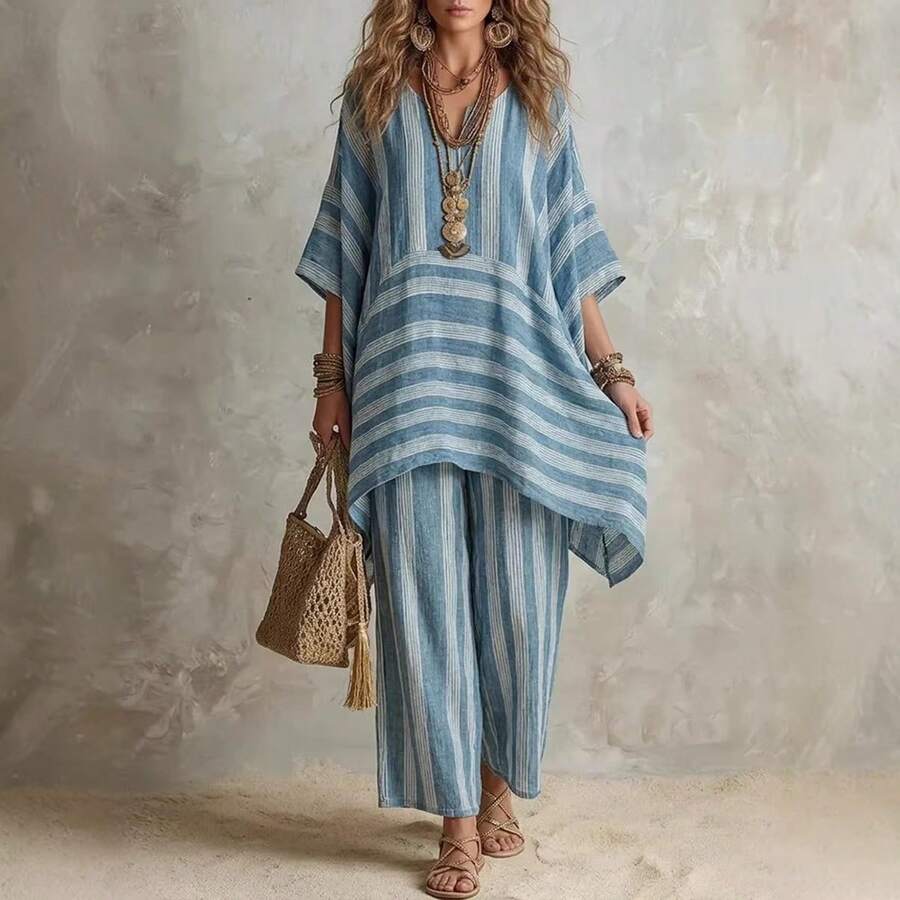 European And American Women's Fashion Stylish V-Neck Loose Striped Casual Two-Piece Suit - 抹茶色 - 查看 1