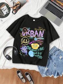 Women's% Cotton-shirtCamiseta de manga corta suave con estampado urbano de graffiti para adolescentes, top de estilo casual de calle para el veranoLightweight, breathable, summer best-seller - Negro - Ver 3