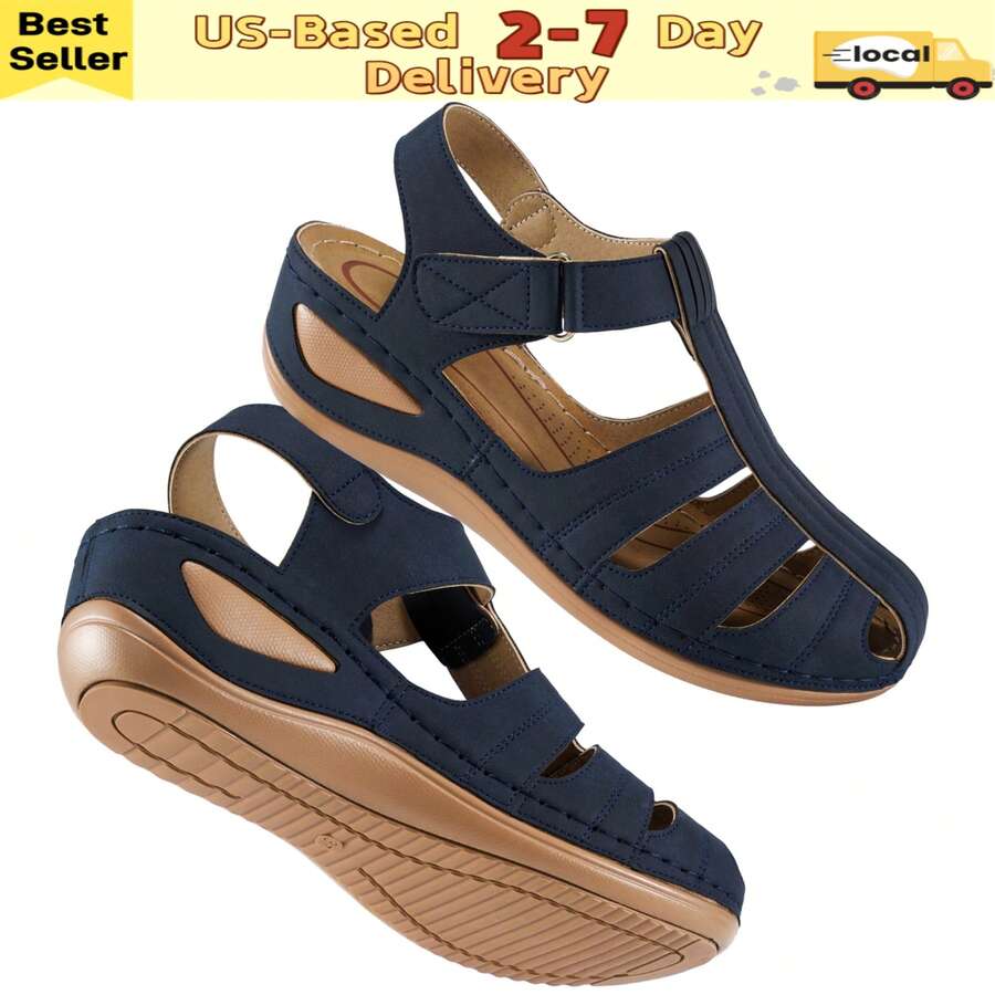 Women's Summer Platform Blue Sandals,Women's Closed Toe Comfort Sandals With Arch Support ,Breathable Non-Slip Flat Sandals With Hook-And-Loop - Blue - View 1
