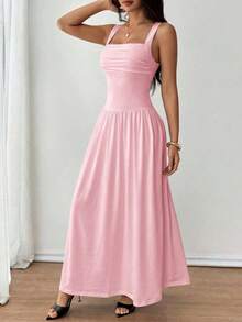 Vestido evasé de unicolor marrón café con cuello cuadrado elegante para mujer, primavera/verano - Rosa - Ver 5