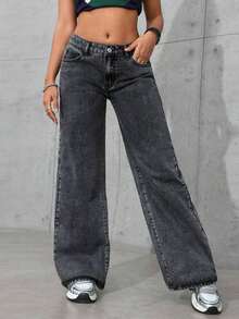 ICON Pantalones vaqueros de pierna ancha de unicolor, de bolsillo, informales y versátiles - Gris Claro - Ver 5